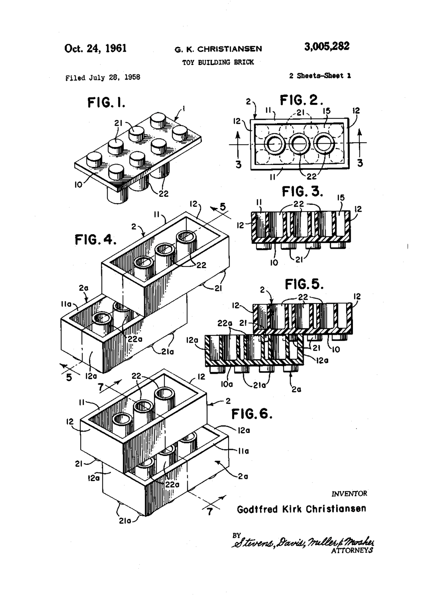 Historic patent drawing of an interlocking toy building brick