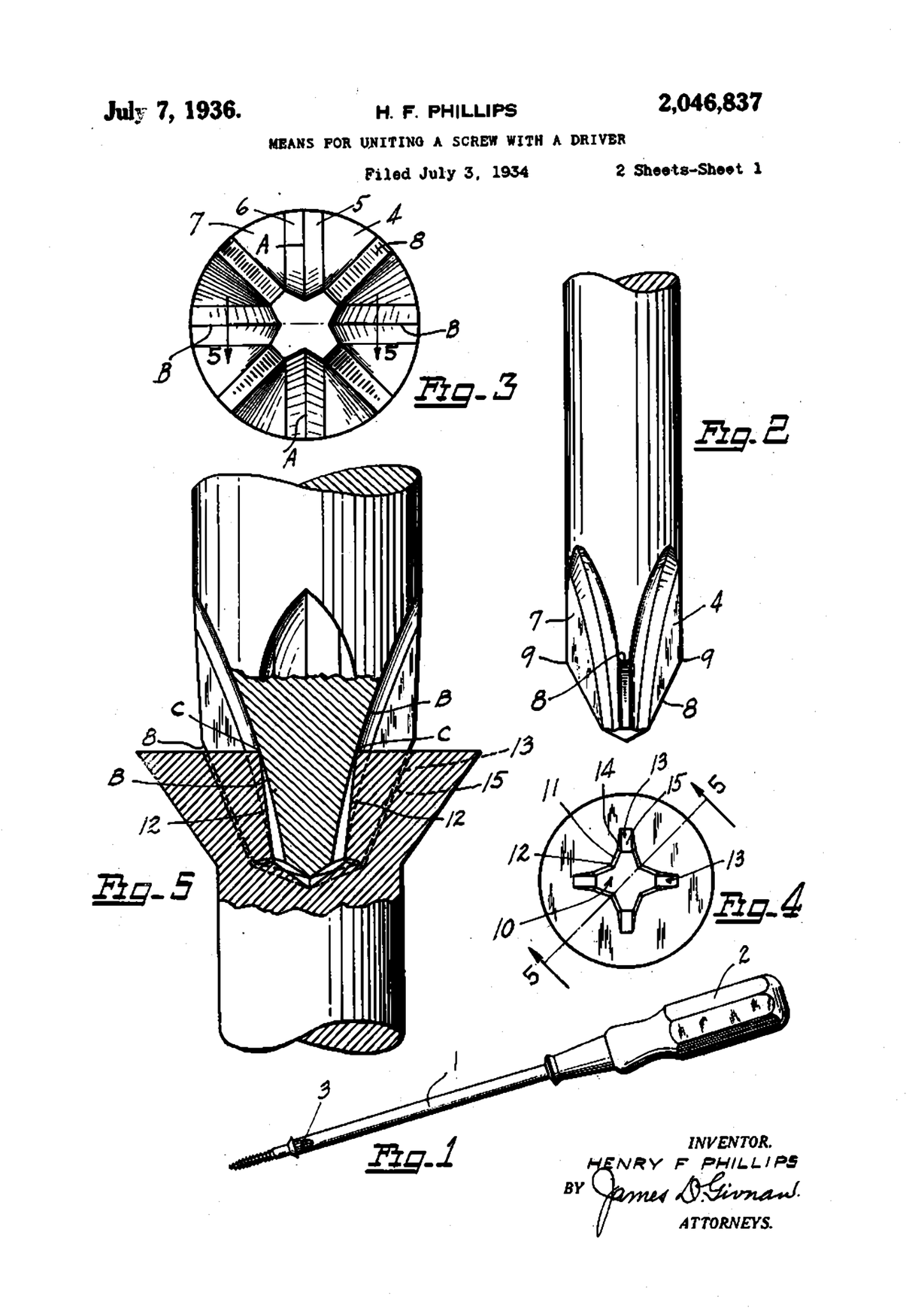 Historic patent drawing of a cross-head screw and driver