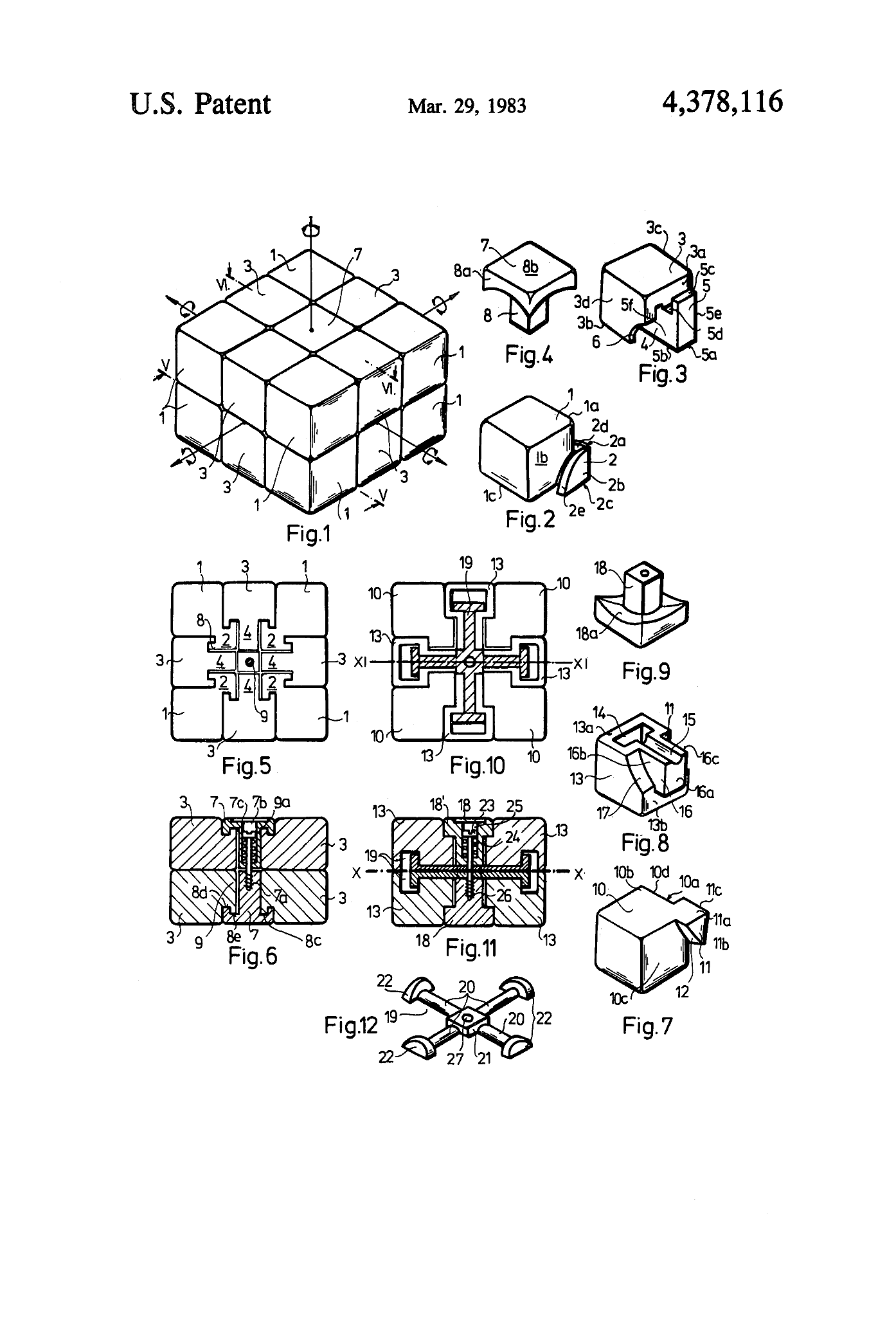 Historic United States patent drawing of the Rubik's Cube mechanism