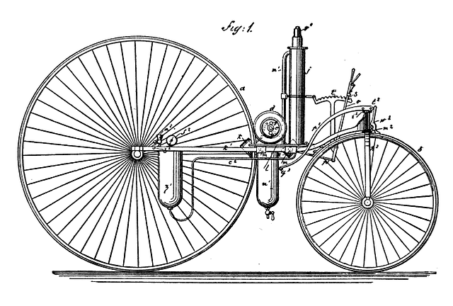 Historic patent drawing of an early steam-powered tricycle